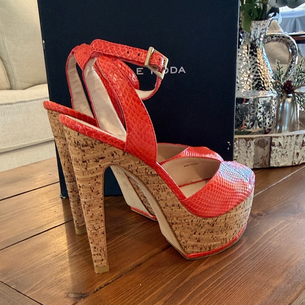 Pelle Moda Red/Orange Cork Platform Heels - Picture 3 of 5